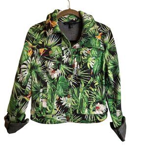 White House Black Market Tropical Jungle Print Green Denim Jacket Stretch Small
